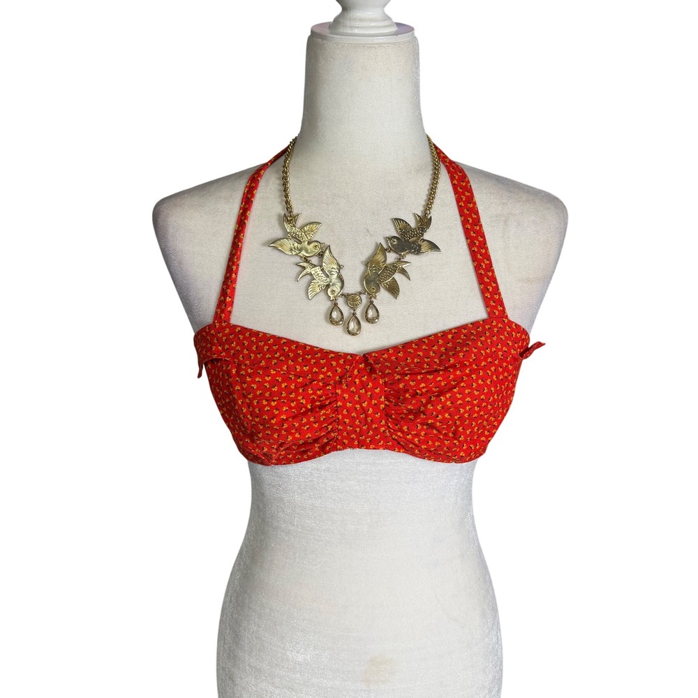 Vintage Dorothy Schoelen Strawberry Patch Cotton Halter Bikini Top XS S 70s